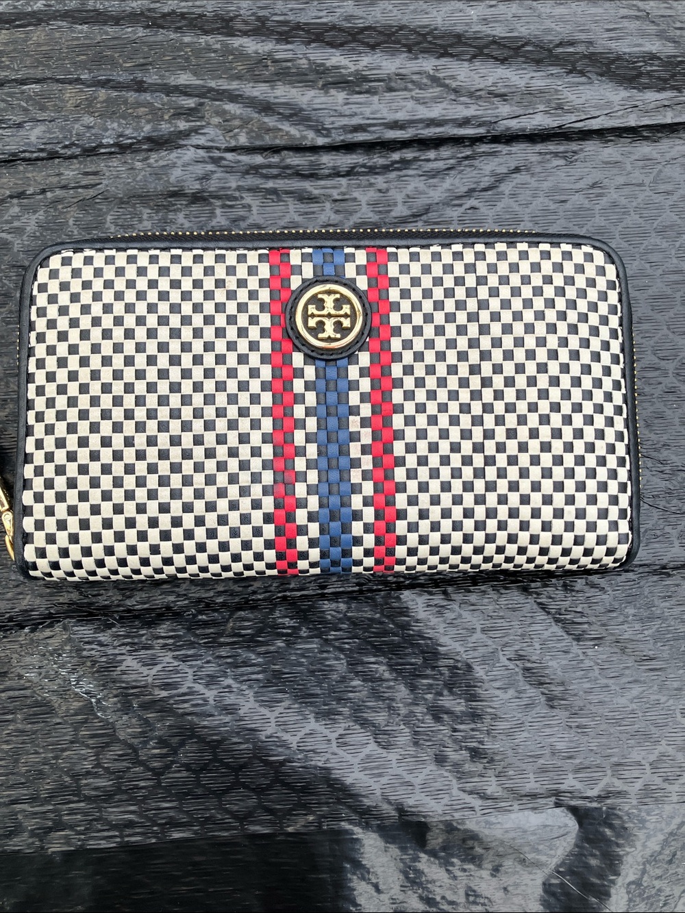 Tory Burch Black & White Woven Leather Continental Wallet